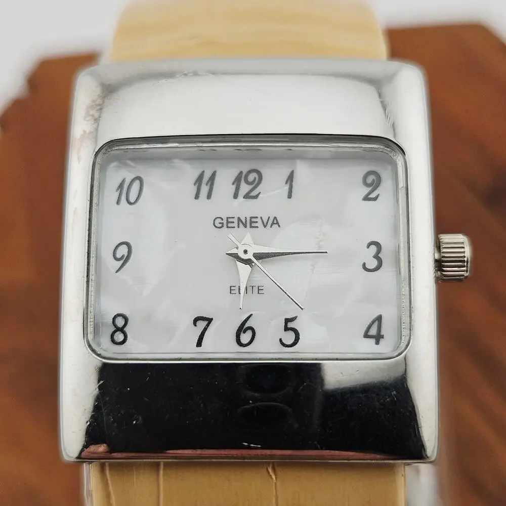 Geneva Elite Women's Cuff Style Bracelet Watch Silver Beige Embossed Old Money